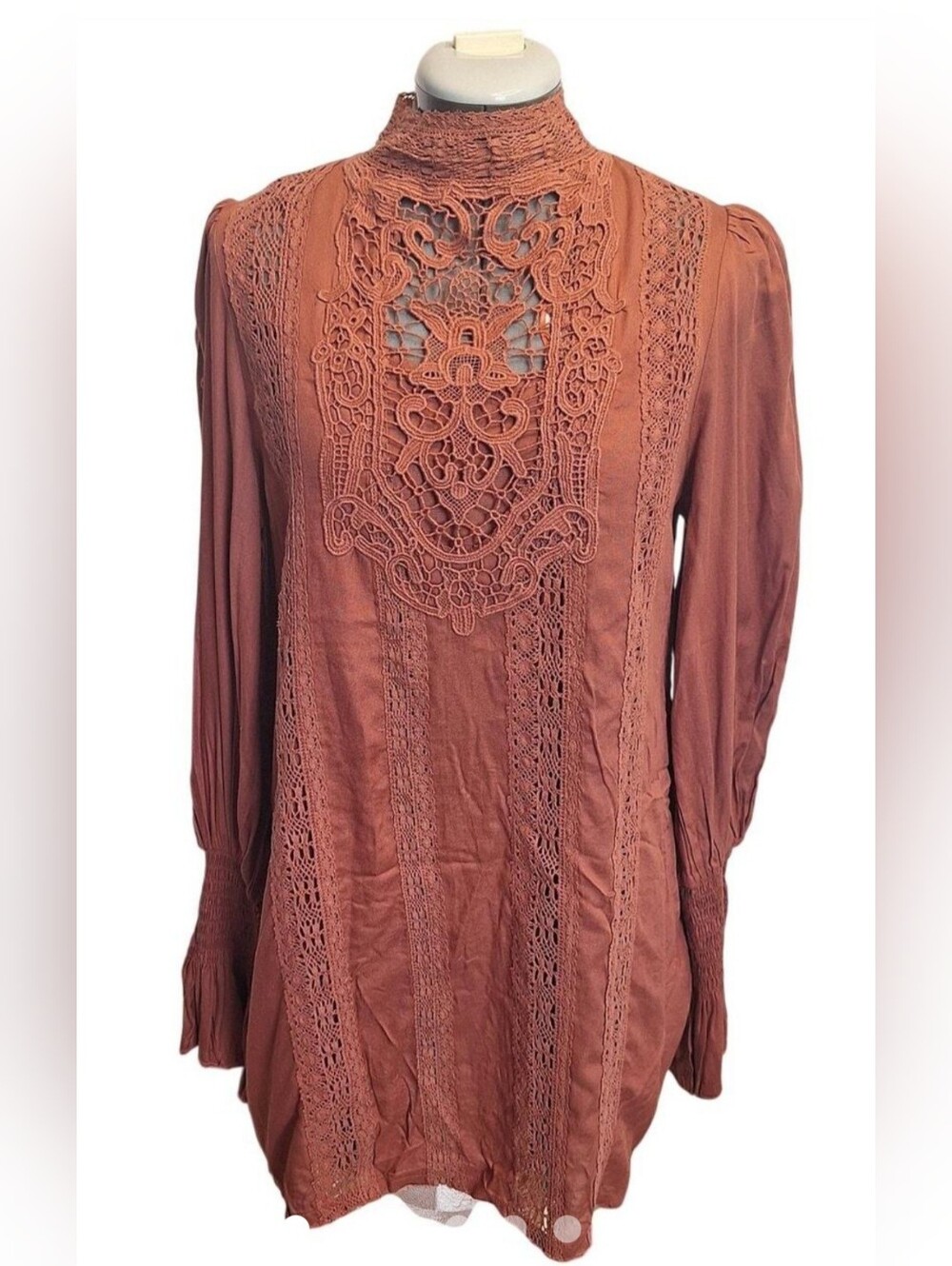 Free People Crochet Panel High-Neck Mini Dress — Rust - Picture 2 of 5